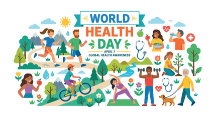 Fototapeta premium Illustration for World Health Day featuring a collection of healthy life symbols, including people exercising, running, and cycling, presented as a colored flat vector on a white background