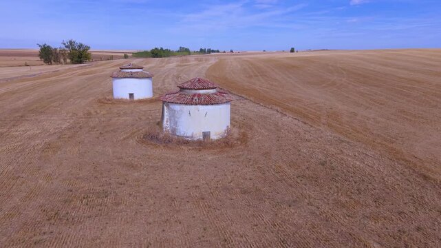 Aerial view from a drone of ancient dovecotes in the Tierra de Campos Region, Palencia Province, Castile and Le&oacute;n, Spain, Europe