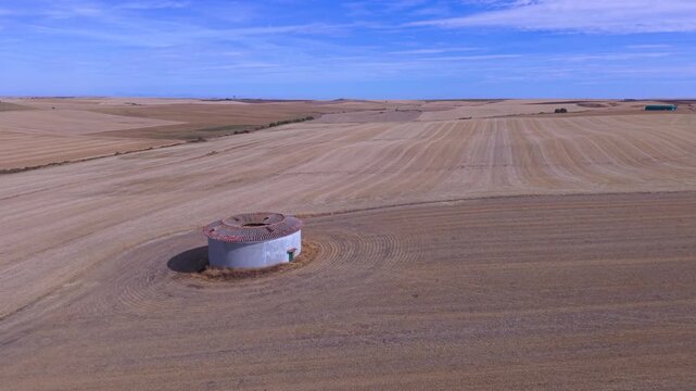 Aerial view from a drone of ancient dovecotes in the Tierra de Campos Region, Palencia Province, Castile and Le&oacute;n, Spain, Europe