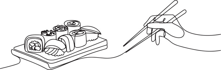 Sushi set, Philadelphia roll, maki, Sushi roll with chopsticks in hand one line art. Continuous line drawing of sushi, japanese, food, roll, culture, tasty. one line Icon drawing © MofajjolHossen