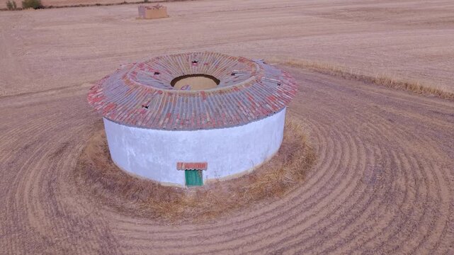 Aerial view from a drone of ancient dovecotes in the Tierra de Campos Region, Palencia Province, Castile and Le&oacute;n, Spain, Europe