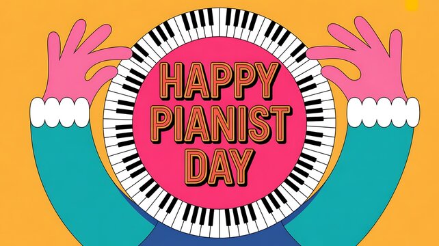 Happy pianist day greeting with hands playing piano keys in a circular design, vibrant colors