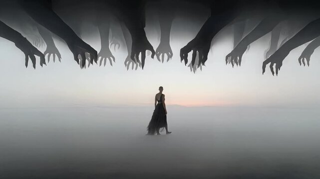 A woman faces giant threatening hands reaching down from above in a foggy landscape at sunset.