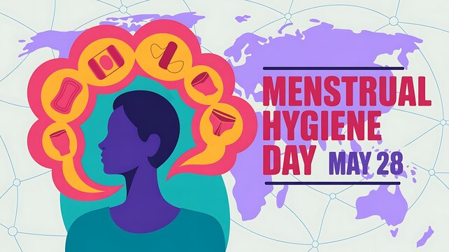 Menstrual hygiene day may 28, thought bubble with feminine products above silhouette of a person, global