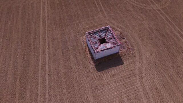 Aerial view from a drone of ancient dovecotes in the Tierra de Campos Region, Palencia Province, Castile and Le&oacute;n, Spain, Europe