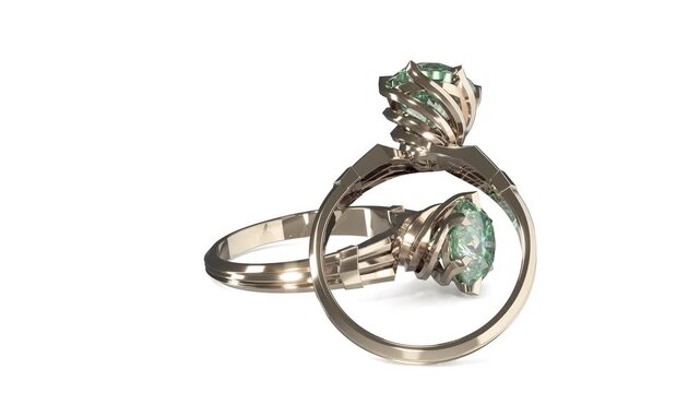 Rotation of gold rings with round shiny diamond and prong swirl design. As it spins, white gold turns yellow and a colorless diamond turns into a green gemstone. 3d animation on white background loop