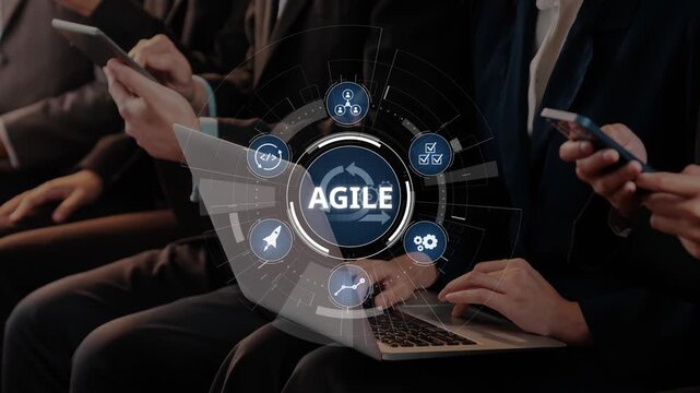 A dynamic scene showcases professionals engaged in an agile business meeting, utilizing technology to enhance collaboration and streamline project management processes. Raster