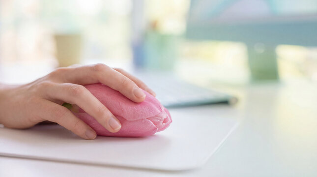 Vibrant giant pink tulip flower replacing computer mouse on minimalist office desk playful surreal concept
