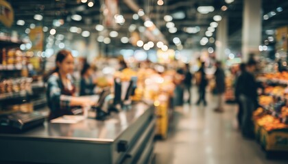 Fototapeta premium Smiling Cashier, Organized Shelves, And Digital Payments In A Modern Supermarket Checkout Scene With Blurred Background.