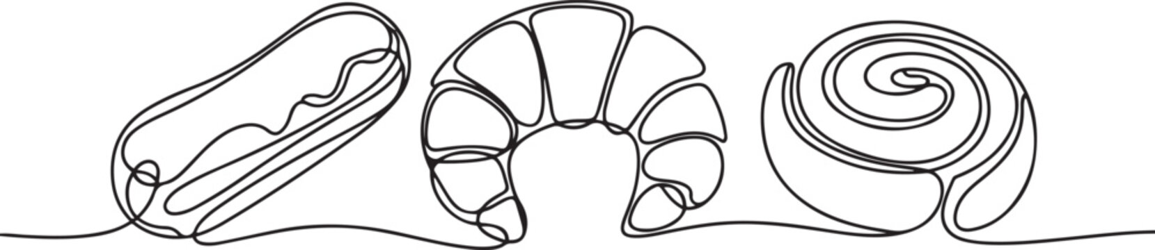 Pastries, sweet buns one line set art. Continuous line drawing of eclairs, croissant, cinnabon. one line Icon drawing