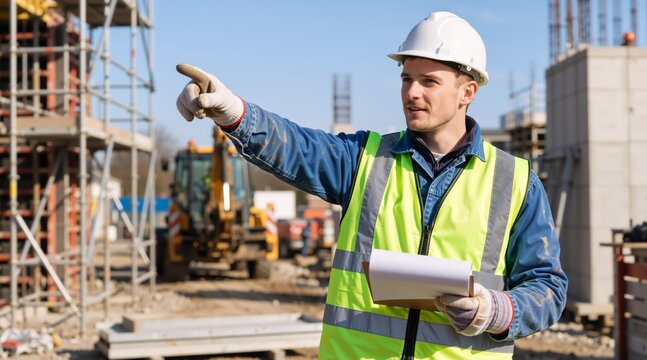 Construction manager in hard hat and safety vest pointing while holding clipboard. Male engineer directing work on building site. Industrial project