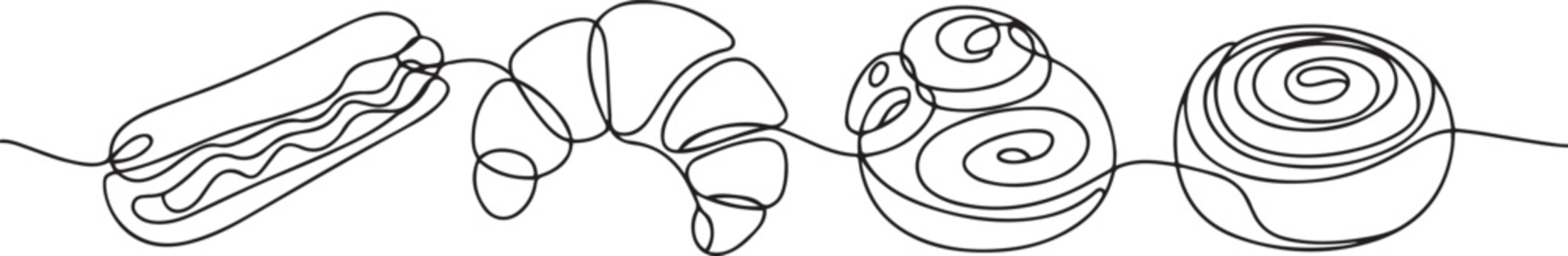 Pastries, sweet buns one line set art. Continuous line drawing of eclairs, croissant, cinnabon. one line Icon drawing