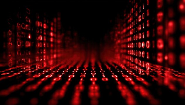 Abstract Technology: Dark Red Binary Code. Exploring Cyber Threats Such As Ransomware, Malware, And Scareware In The Digital World.