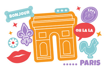 Paris Travel Stickers Set Arc de Triomphe Bonjour Cafe French Symbols Icons Collection Colorful Tourism Collage With Landmark Coffee Cup Fleur De Lis Rooster Lips Vector Illustration © oksanagrytsyuk