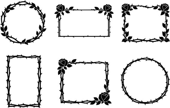 Black silhouettes of ornate thorny vine and rose decorative frames, symbolizing gothic romance, floral design, vintage borders, invitation artwork, and elegant illustration decor