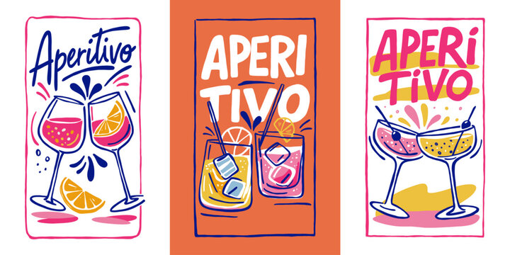 Aperitivo Cocktail Glasses Citrus Spritz Drinks Illustration Italian Summer Aperitif Party Beverage With Ice And Slices Colorful Celebration Scene Vector Isolated