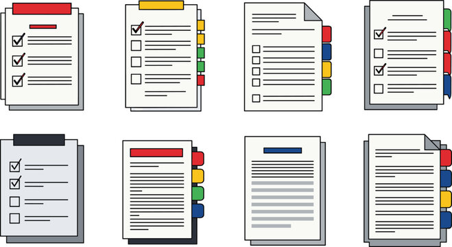 Vector illustration set of colorful checklists featuring task management documents, organizational tabs, completed boxes, productivity icons, and office design.