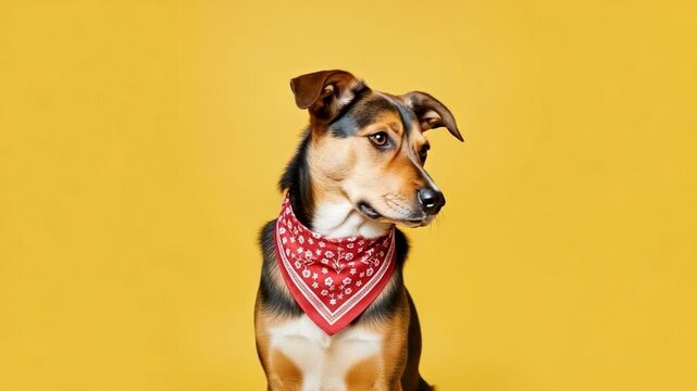 A captivating portrait of a dog adorned with a stylish red bandana against a vibrant backdrop, expressing playful curiosity.