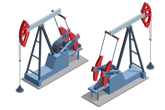 Isometric oil industry pump jack line, storage tank, pipeline, refinery equipment in desert field. Petroleum extraction, energy production, industrial, fuel supply, resource economy, fossil power