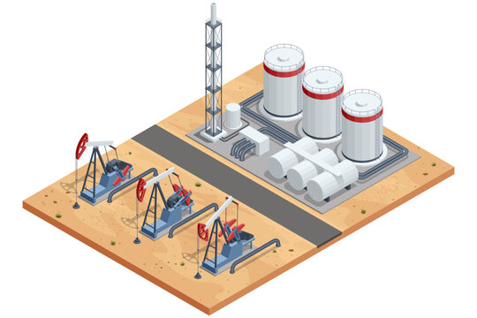 Isometric oil industry pump jack line, storage tank, pipeline, refinery equipment in desert field. Petroleum extraction, energy production, industrial, fuel supply, resource economy, fossil power
