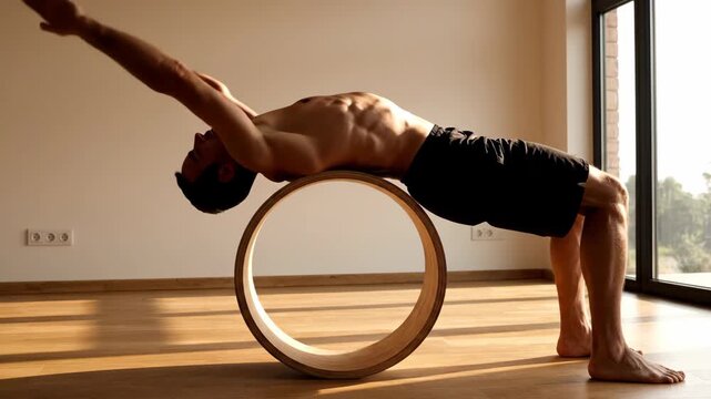 A fit man with a toned physique performs a deep backbend stretch using a yoga wheel on a warm, sunlit wooden floor in a minimalist room.