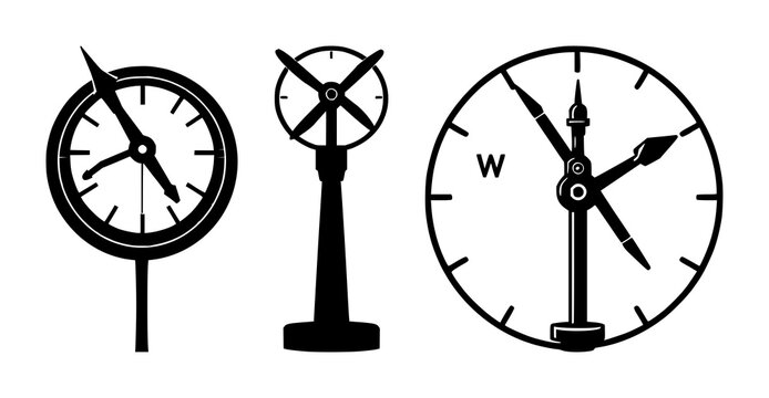 Anemometer set with flat vector icon of a wind gauge featuring bold outlines, solid black, white background with weather symbol and anemometer illustration
