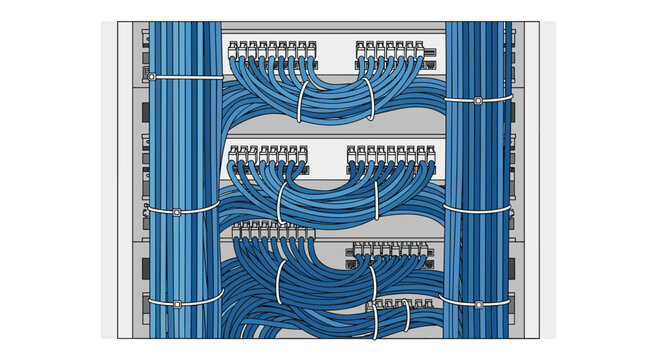 A close-up illustration depicts blue network cables neatly bundled with white zip ties inside a grey server rack.