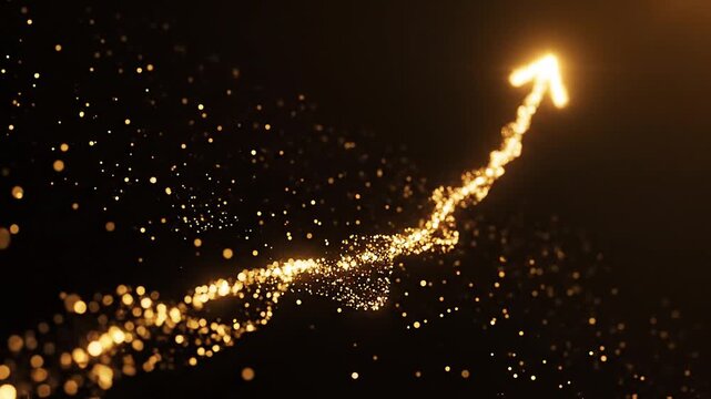 Glowing golden upward arrow with sparkling particle trail representing business growth success progress innovation and financial increase concept