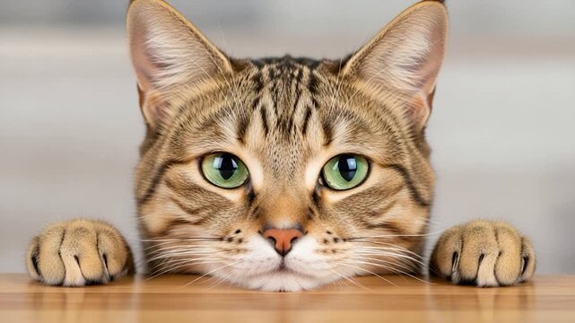 A close-up view of an adorable cat with mesmerizing green eyes, perched on a table, creating a captivating and engaging portrait.