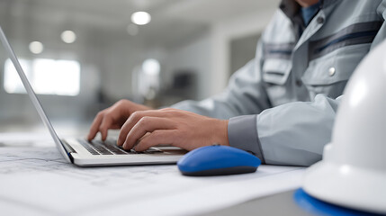 Naklejka premium Professional worker hands type on laptop keyboard, alongside a blue computer mouse and white safety helmet, on engineering blueprints in office environment