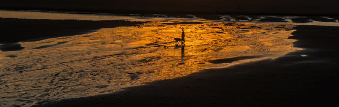A person walking their dog along the ocean during a beautiful sunset and colorful golden orange reflection in the ocean waters.