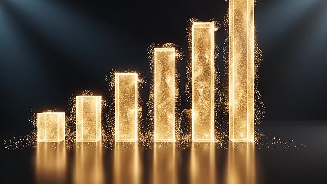 Glowing golden bar chart increasing upward with sparkling light effect representing financial growth business success data analytics and economic progress concept