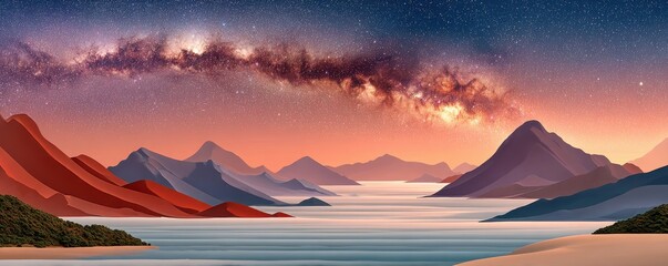 Fototapeta premium A surreal desert landscape with red dunes, distant mountains, and a starry sky over a calm sea