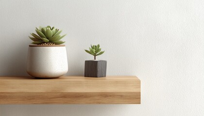 Fototapeta premium Modern Home Interior Detail: Wooden Wall Shelf Mounted In A Corner With Small Red Ceramic Pot Placed On Top. Aesthetic And Functional Decor.