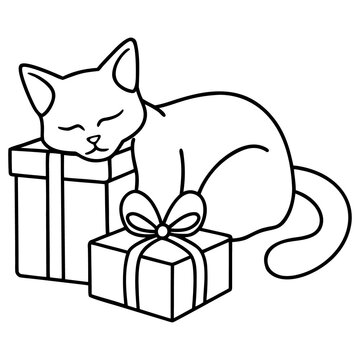 A cute black kitten with a pink tail and a happy smile holds a birthday gift box in this cartoon vector illustration of a domestic feline pet