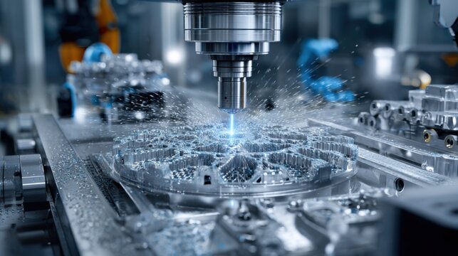CNC machine precisely milling intricate metal part. Sparks fly symbolizing innovation and precision engineering progress.