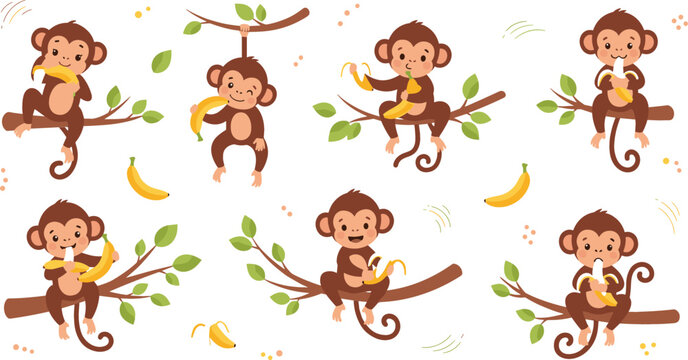Cute monkey with banana vector illustration set sitting on tree branches, playful jungle animals collection with tropical leaves and funny characters