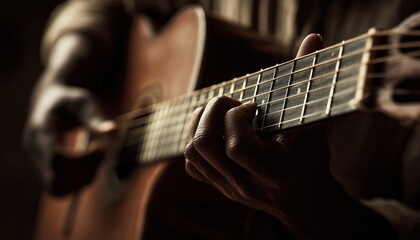 Obraz premium Capturing The Passion And Artistry Of Live Music: Close-Up Of A Musician Strumming An Acoustic Guitar With Detailed Strings And Frets