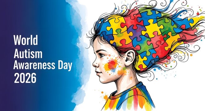 World autism awareness day 2026 illustration with colorful puzzle pieces on a childs head