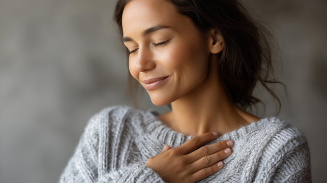 Unrecognizable woman holding her hand to her chest in a moment of quiet reflection, warm light, soft knit sweater, self-care and inner peace concept, with copy space