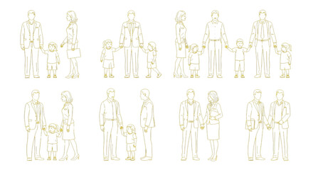 Obraz premium Minimalist Business People Line Art Vector Set – Human Characters Technical Multiview Yellow Outline Collection