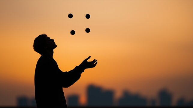 Juggler Silhouette Against Sunset Skyline