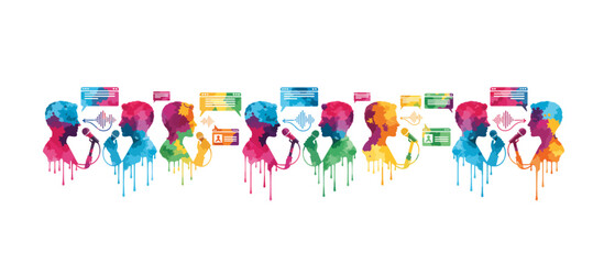 Fototapeta premium People using text to speech and communication technology. Neurodiversity and assistive software concept. Colorful watercolor vector illustration