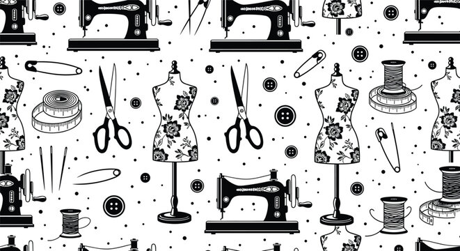 Seamless vector pattern of sewing tools featuring vintage machines, dress forms, threads, buttons, and tailoring craft design icons.
