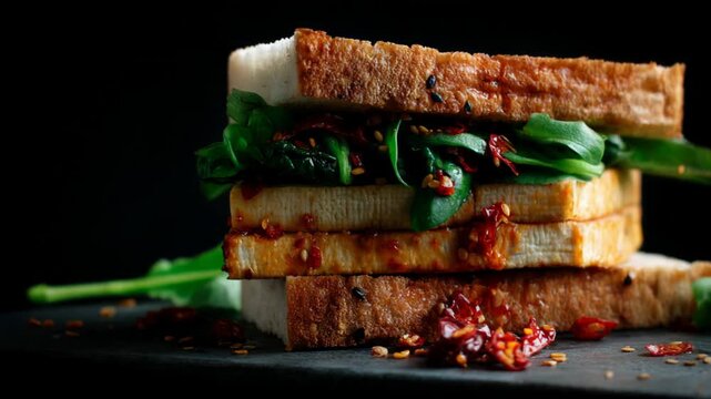Delicious stacked tofu sandwich with greens and chili flakes on dark background