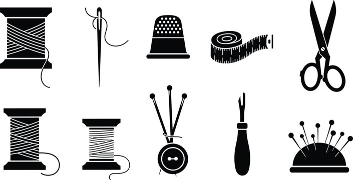 Vector illustration set of sewing tools featuring thread spools, needles, scissors, thimble, buttons, tailoring equipment, and craft icons.