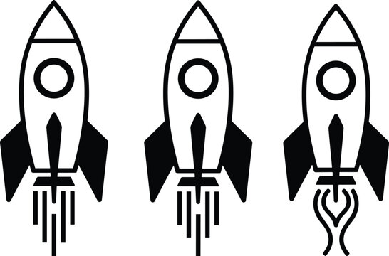 Rocket launch silhouettes collection, space shuttle icons set with startup concept, spacecraft takeoff vector illustration isolated on clean background