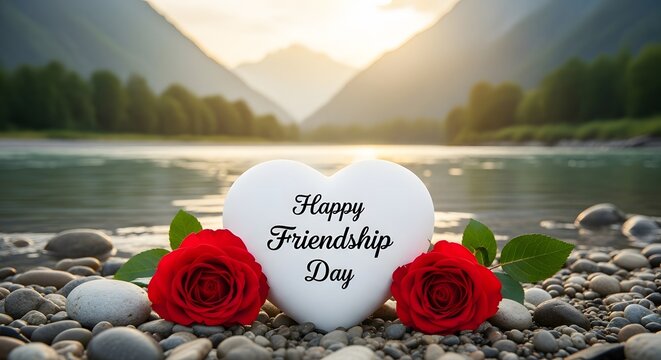 Happy friendship day wishes with heartfelt roses by serene lake