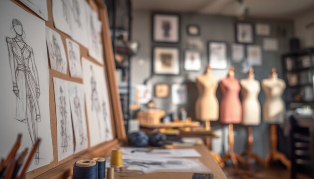 Sewing Studio Ambiance: Mannequins, Sewing Machines, Sketches, And Fabrics Fostering Fashion Creativity And Inspiration In A Blurry Setting