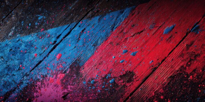 Artistic Strokes: A close-up showcases a weathered wooden surface, beautifully painted with dynamic, overlapping swaths of vibrant blue, red, and purple hues, embodying abstract art.